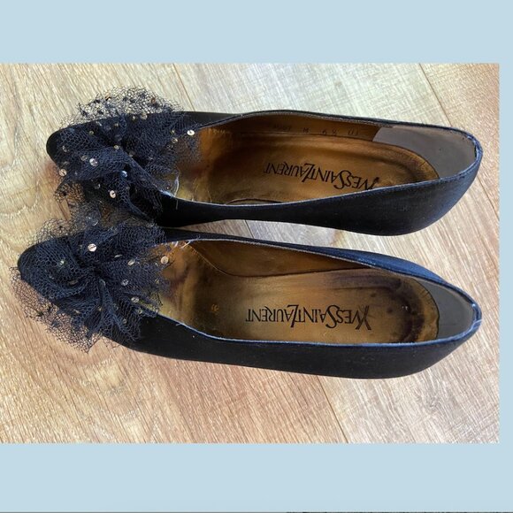 Yves Saint Laurent YSL VINTAGE 80's Size 6 1/2 Black Heels Tulle Sequin Pom RARE - Picture 6 of 12